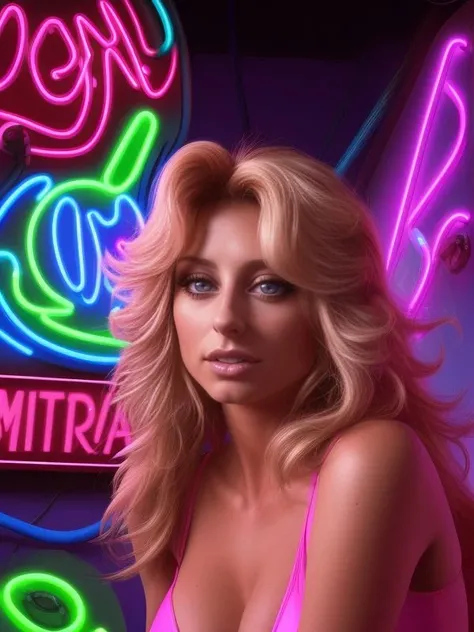 [Aly Michalka | Farrah Fawcett] MDMA, stripper, neon, flowing hair, lsd, pheromone gas, aphrodisiac,  
extremely detailed background, hyperreal, ultra realistic, professional portrait,