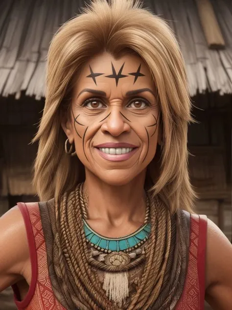 ((SFW)) _
Hoda Kotb , A place with everything made of wood with a little old paint peeling off and lots of ingrown tribal details
extremely detailed background, hyperreal, ultra realistic, professional portrait,