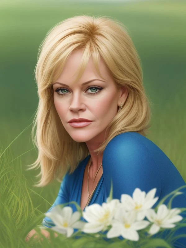 ((SFW)) _
Melanie Griffith , A calm and peaceful place with green grasses, a blue sky and lots of beauty everywhere
extremely detailed background, hyperreal, ultra realistic, professional portrait,