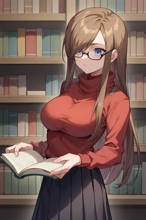 A cute girl with big erect breast and big thighs reading a book with glasses while sitting down with a Loose red t shirt and loose grey boxers