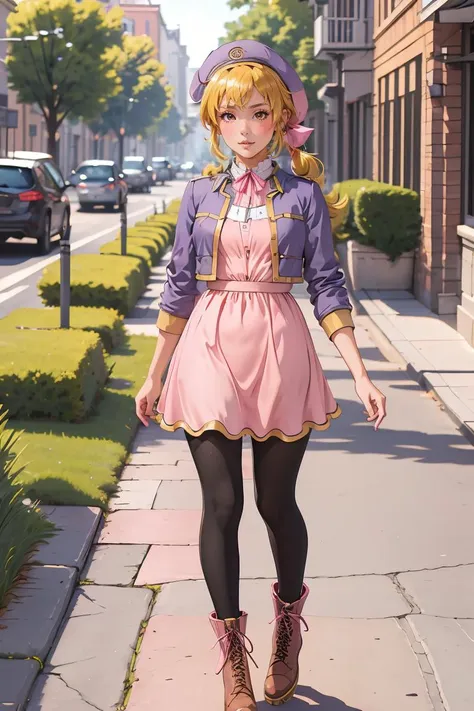 (masterpiece, best quality), 1girl,  <lora:EleanorV2:0.8> Eleanor, pink dress,purple jacket,hat,beret,ribbon,ponytail,neck ribbon,black pantyhose,boots