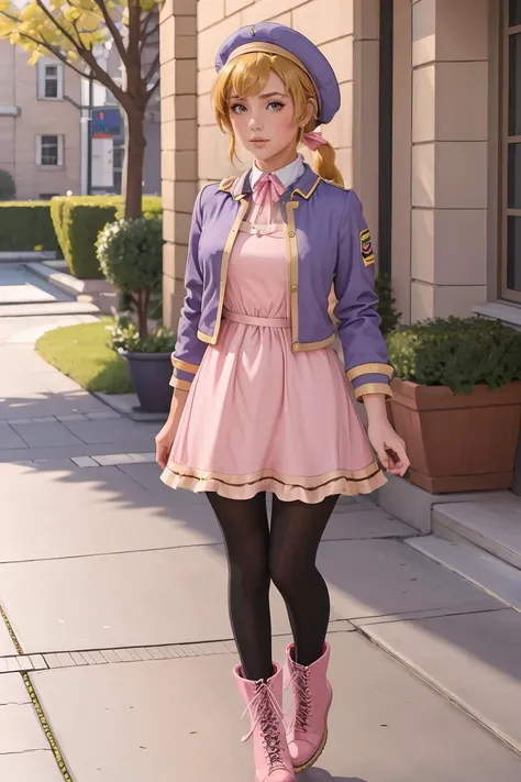 (masterpiece, best quality), 1girl,  <lora:EleanorV2:0.8> Eleanor, pink dress,purple jacket,hat,beret,ribbon,ponytail,neck ribbon,black pantyhose,boots