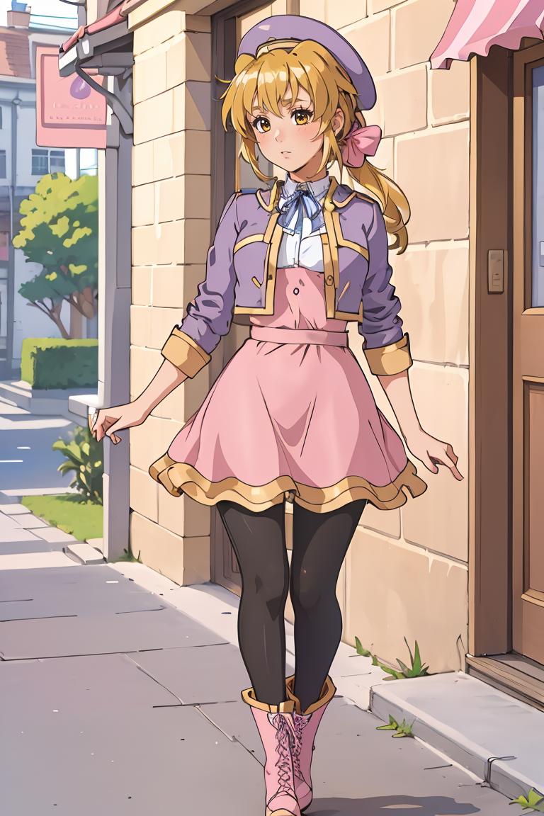 A woman in a pink dress and hat walking down a sidewalk - SeaArt AI