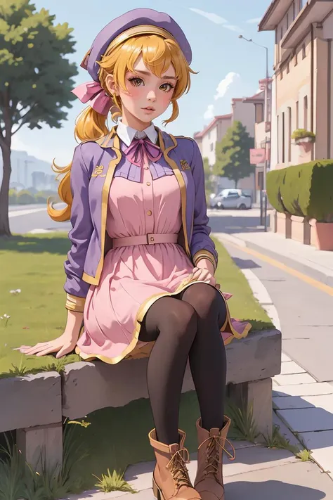 (masterpiece, best quality), 1girl,  <lora:EleanorV2:0.8> Eleanor, pink dress,purple jacket,hat,beret,ribbon,ponytail,neck ribbon,black pantyhose,boots