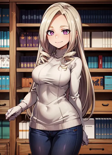 ((best quality)), ((highly detailed)), absurdres, detailed face, beautiful face, (detailed eyes, deep eyes), <lora:more_details:.4>, (1girl), dynamic pose, cowboy shot, <lora:OGT_MT_Lady-v1:.8>, Yu Takeyama, long hair, blonde hair, drill hair, purple eyes, wide hips, large breasts, smiling, sweater, long sleeves, jeans, pants, sneakers, (inside, in a library, librarian, book shelves)
