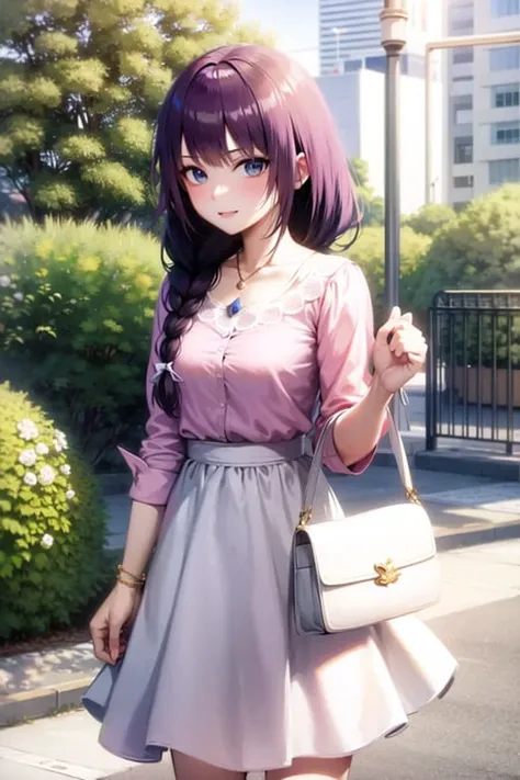 <lora:senjougaharaHitagi:1>, senjougaharaHitagi, masterpiece, best quality, absurdres, 1girl, standing, single braid, hair over shoulder, pink shirt, frilled shirt, white skirt, white handbag, ribbon, outdoors, upper body, looking at viewer