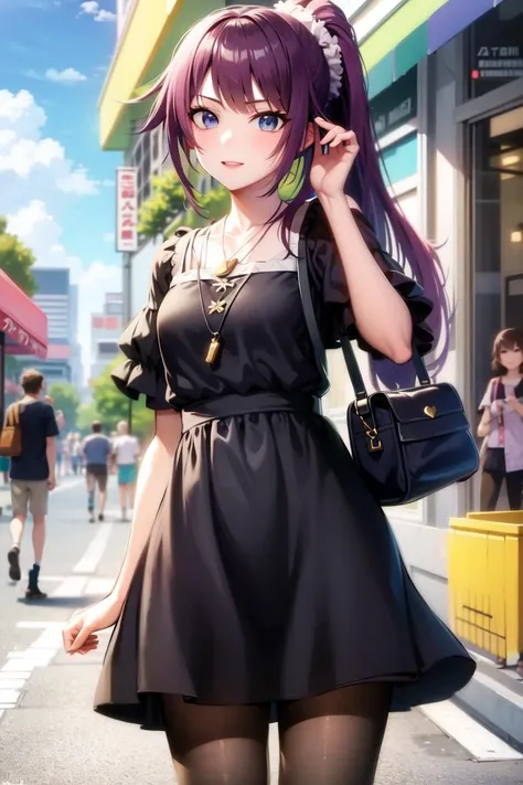 <lora:senjougaharaHitagi:1>, senjougaharaHitagi, hitagiBlackDress, masterpiece, best quality, absurdres, 1girl, standing, outdoors, looking at viewer, cowboy shot, frilled dress, ponytail, handbag, pantyhose, heart necklace, white obi