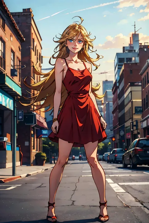 panty, blue eyes, long blonde hair, red dress, looking at viewer, serious, smirk, medium shot, standing, outside, city, street, overcast, high quality, masterpiece, <lora:PantyAnarchy_Mix:.8>