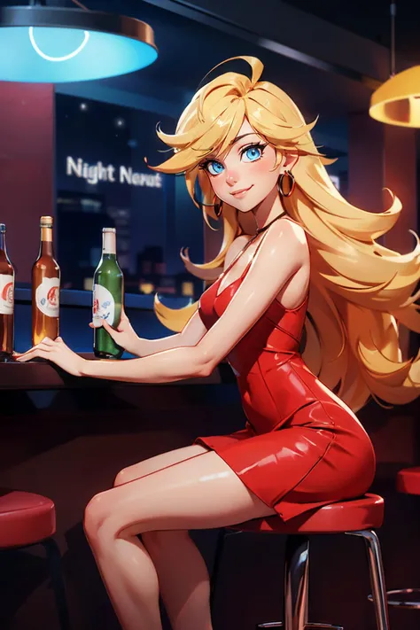 panty, blue eyes, long blonde hair, red dress,looking at viewer,smiling, sitting, on stool, inside night club, counter, bottles, neon lighting, high quality, masterpiece, <lora:PantyAnarchy_Mix:.8>