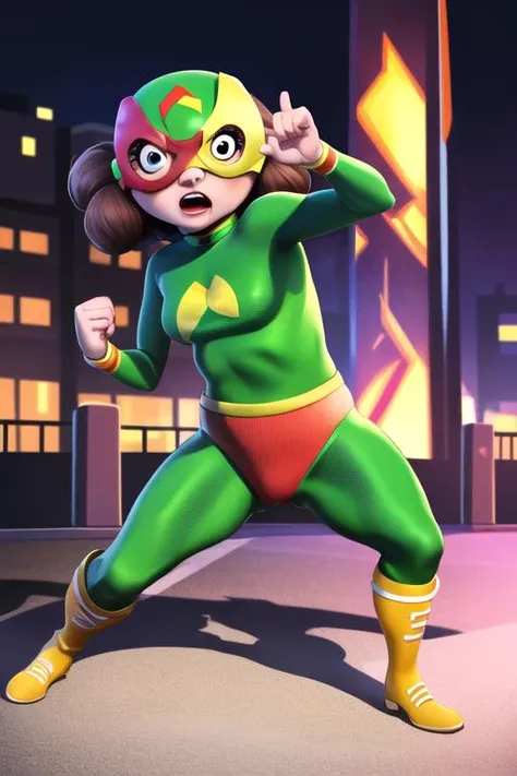 masterpiece, best quality, mamaLucha, 1girl, solo, angry, open mouth, solo, purple background, fighting stance, detailed background, mask, brown hair, looking at viewer, green bodysuit, <lora:mamaLucha:0.7> disfraz, closed mouth, cityscape, fire, night, blood on face, knee boots, yellow footwear,
