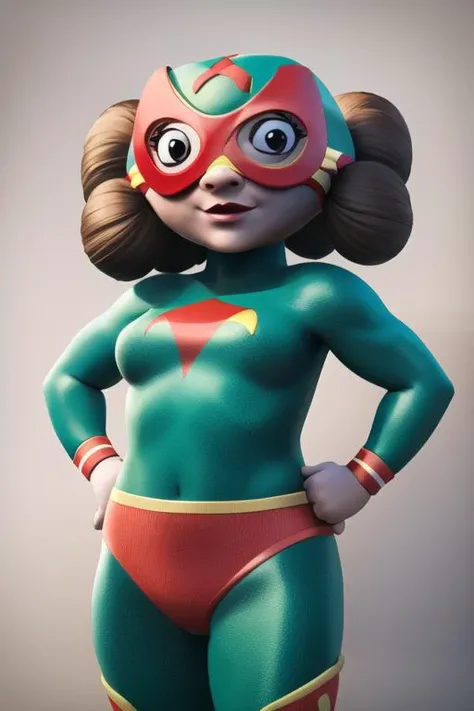 masterpiece, best quality, mamaLucha, 1girl, solo, disfraz, forehead, brown hair, looking at viewer, bodysuit, mask, hands on hips, standing, red background, <lora:mamaLucha:0.7>