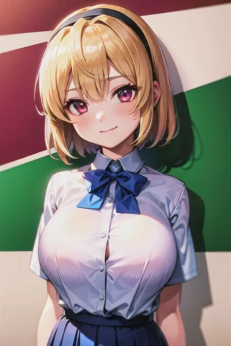 girl, <lora:jksatoko:0.6>, (((masterpiece))), (best quality), ultra-detailed, HDR, (Realistic painting style:0.9), anime girl, jksatoko, blonde hair, short hair, black head band, white shirt, (large breasts), breast focus, school uniform, pleated skirt, looking at viewer, smug, cute, sharp eyes, detailed eyes, (upper body), detailed background, Style-Renaissance, outside, <lora:add_detail:0.5>