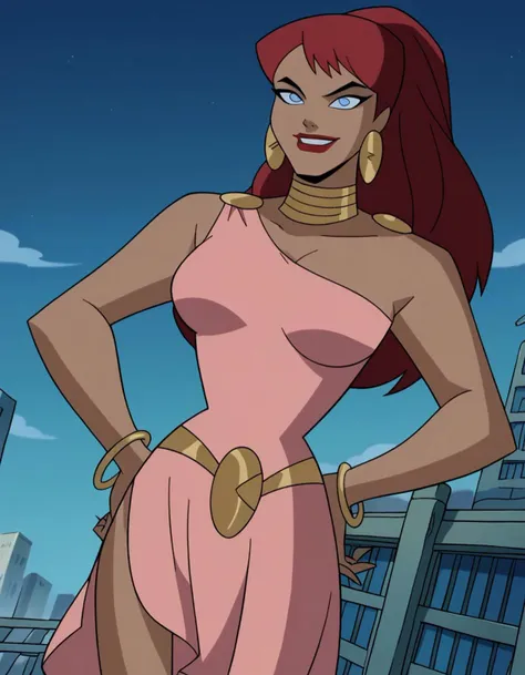 score_9, score_8_up, score_7_up, source_anime,
giganta, <lora:giganta-dcau-ponyxl-lora-nochekaiser:1>,
giganta, blue eyes, red hair, dark skin, dark-skinned female, makeup, lipstick, ponytail,
dress, jewelry, earrings, bracelet, pink dress,
outdoors, cityscape, hands on hips, smile,
looking at viewer, solo, dutch angle, cowboy shot,