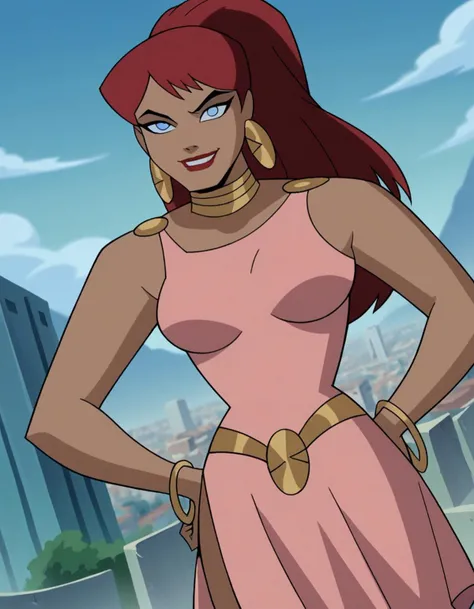 score_9, score_8_up, score_7_up, source_anime,
giganta, <lora:giganta-dcau-ponyxl-lora-nochekaiser:1>,
giganta, blue eyes, red hair, dark skin, dark-skinned female, makeup, lipstick, ponytail,
dress, jewelry, earrings, bracelet, pink dress,
outdoors, cityscape, hands on hips, smile,
looking at viewer, solo, dutch angle, cowboy shot,