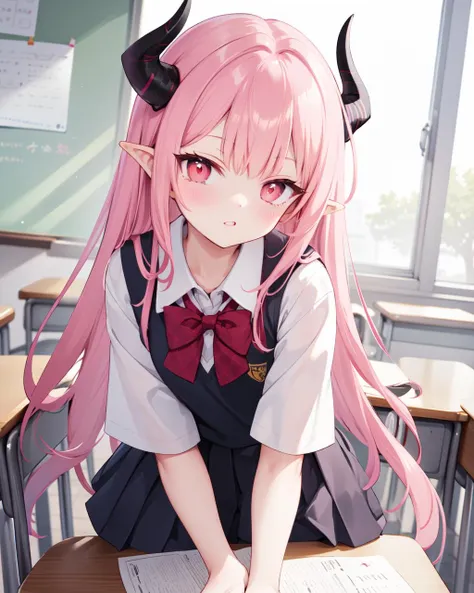 pink hair,red eyes,horns,8 year old,long hair,yellow eyes,
school uniform,
classroom,
<lora:outline:-0.2>,<lora:clearimp_v1.4-8_merge:1>,
