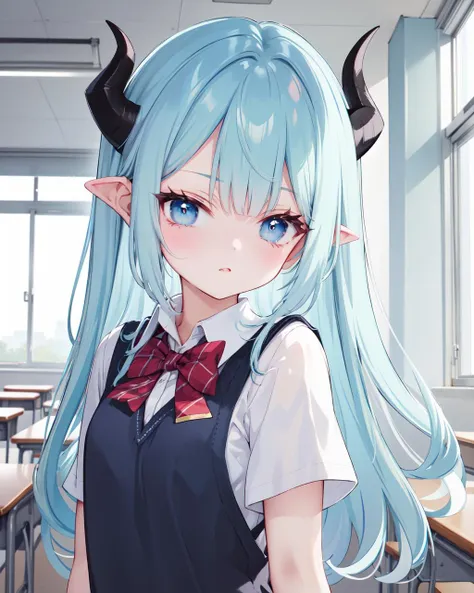 light blue hair,blue eyes,horns,8 year old,long hair,
school uniform,
classroom,
<lora:outline:-0.2>,<lora:clearimp_v1.4-8_merge:1>,