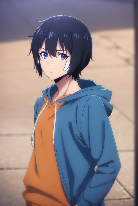 jinwoosung, <lora:jinwoo sung-alpha-lora-nochekaiser:1>,
jinwoo sung, blue eyes, black hair, hair between eyes, male focus,
BREAK hood, hoodie, bandages, hood down, bandaid, orange shirt, blue hoodie, bandage on face,
BREAK outdoors, city,
BREAK looking at viewer, (cowboy shot:1.5),
BREAK <lyco:GoodHands-beta2:1>, (masterpiece:1.2), best quality, high resolution, unity 8k wallpaper, (illustration:0.8), (beautiful detailed eyes:1.6), extremely detailed face, perfect lighting, extremely detailed CG, (perfect hands, perfect anatomy),