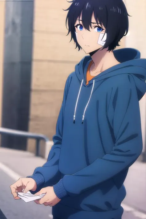 jinwoosung, <lora:jinwoo sung-alpha-lora-nochekaiser:1>,
jinwoo sung, blue eyes, black hair, hair between eyes, male focus,
BREAK hood, hoodie, bandages, hood down, bandaid, orange shirt, blue hoodie, bandage on face,
BREAK outdoors, city,
BREAK looking at viewer, (cowboy shot:1.5),
BREAK <lyco:GoodHands-beta2:1>, (masterpiece:1.2), best quality, high resolution, unity 8k wallpaper, (illustration:0.8), (beautiful detailed eyes:1.6), extremely detailed face, perfect lighting, extremely detailed CG, (perfect hands, perfect anatomy),