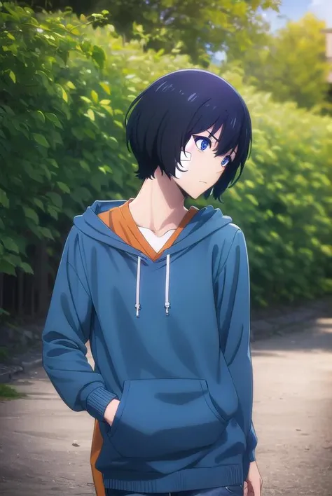jinwoosung, <lora:jinwoo sung-alpha-lora-nochekaiser:1>,
jinwoo sung, blue eyes, black hair, hair between eyes, male focus,
BREAK hood, hoodie, bandages, hood down, bandaid, orange shirt, blue hoodie, bandage on face,
BREAK outdoors, city,
BREAK looking at viewer, (cowboy shot:1.5),
BREAK <lyco:GoodHands-beta2:1>, (masterpiece:1.2), best quality, high resolution, unity 8k wallpaper, (illustration:0.8), (beautiful detailed eyes:1.6), extremely detailed face, perfect lighting, extremely detailed CG, (perfect hands, perfect anatomy),