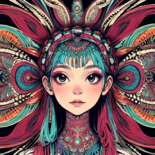 A girl with colorful hair and feathers on her head - SeaArt AI