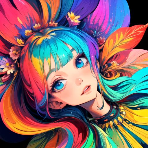 A girl with colorful hair and a flower in her hair - SeaArt AI
