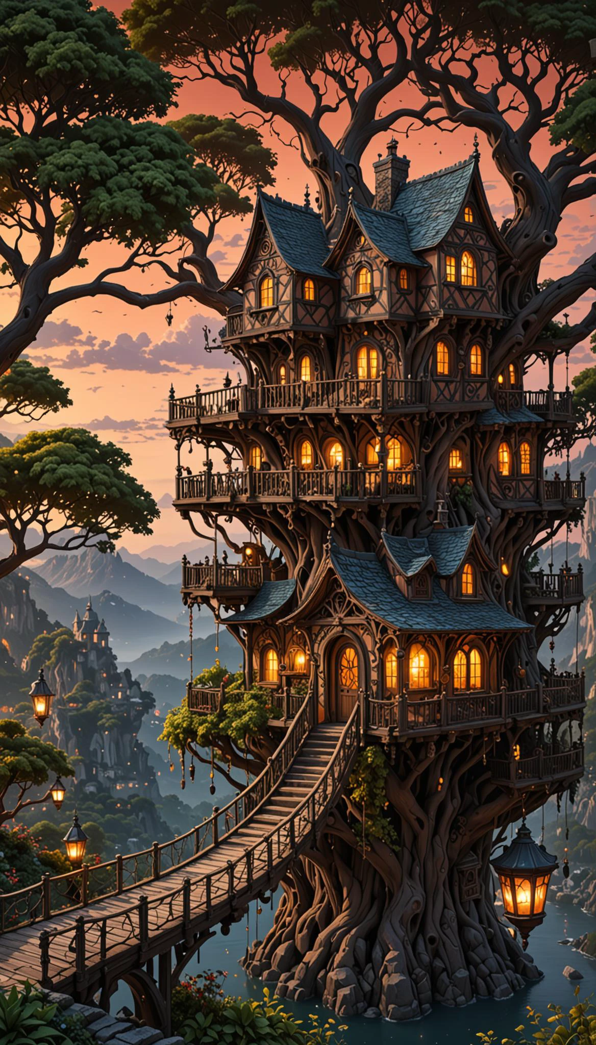 a wonderous and beautiful fantasy world with the Tree House Mansion Village, Bridge, Stars, in the night, insanely detailed and intricate, hyper maximalist, elegant, hyper realistic, super detailed, vivid colours, sunrise, ornate, dynamic, articulate, 8K, <lora:3D_Framed_Wall_Art_-_By_DICE:0.6>, (Framed 3D, 3d Tree), EPIC, Painstaking Attention To Detail, UHD