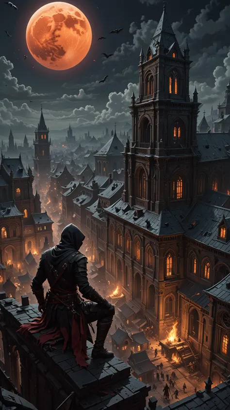 (Horde of Assassins Creed), polarized, at night, Sitting on the roof of ancient Church, looking down on to the burning city, Red Moon, filled with forbidden knowledge, where scholars and sorcerers search for lost spells among the dusty tomes. Ghostly guardians patrol the aisles, ready to protect the secrets within, dark magic and grotesque creatures abound, punk aesthetic, dark fantasy world combines grim landscapes with vibrant, Deep colorful art, heroes skirmish monstrous foes in a setting where rebellion, decay, and mysticism intertwine, crafting a unique, immersive vibe, hyper detailed, professional poster art, bold lines, award winning, trending on ArtStation , (intricate details, masterpiece, best quality), dynamic pose, (Use Dream Diffusion Secret Prompt), <lora:3D_Framed_Wall_Art_-_By_DICE:1>, (Framed 3D, City), EPIC, UHD