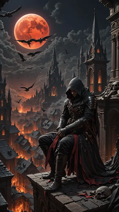 (Horde of Assassins Creed), polarized, at night, Sitting on the roof of ancient Church, looking down on to the burning city, Red Moon, filled with forbidden knowledge, where scholars and sorcerers search for lost spells among the dusty tomes. Ghostly guardians patrol the aisles, ready to protect the secrets within, dark magic and grotesque creatures abound, punk aesthetic, dark fantasy world combines grim landscapes with vibrant, Deep colorful art, heroes skirmish monstrous foes in a setting where rebellion, decay, and mysticism intertwine, crafting a unique, immersive vibe, hyper detailed, professional poster art, bold lines, award winning, trending on ArtStation , (intricate details, masterpiece, best quality), dynamic pose, (Use Dream Diffusion Secret Prompt), <lora:3D_Framed_Wall_Art_-_By_DICE:1>, (Framed 3D), UHD