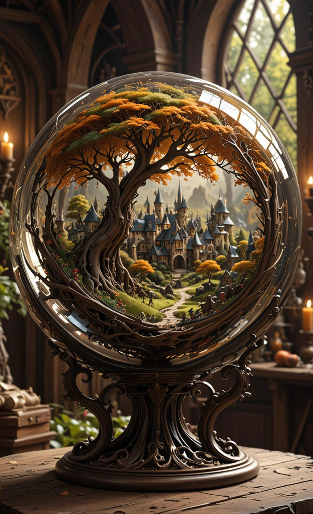 A glass sphere sculpture, concealed inside the sphere is a Hobbits village, in the day, detailed image, 8k high quality detailed, shaped sphere, amazing wallpaper, digital painting highly detailed, 8k UHD detailed oil painting, beautiful art UHD, focus on full glass sphere, bokeh, background Modifiers: extremely detailed Award winning photography, fantasy studio lighting, photorealistic very attractive beautiful imperial colours ultra detailed 3D, (Very Intricate), UHD, <lora:3D_Framed_Wall_Art_-_By_DICE:1>, (3D Framed, Mega detail)