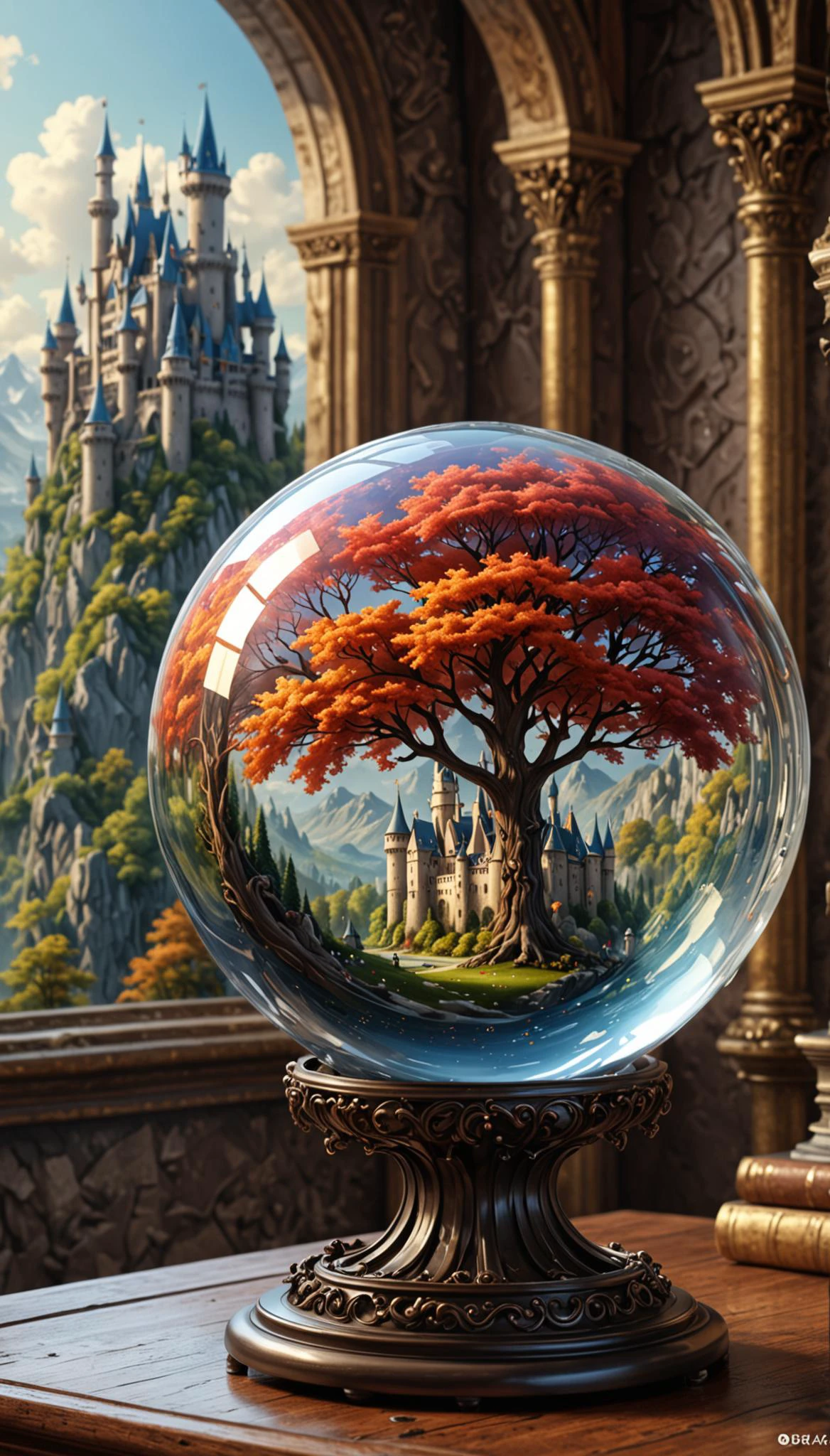 A glass sphere sculpture, concealed inside the sphere is a Fantasy Castle, in the day, detailed image, 8k high quality detailed, shaped sphere, amazing wallpaper, digital painting highly detailed, 8k UHD detailed oil painting, beautiful art UHD, focus on full glass sphere, bokeh, background Modifiers: extremely detailed Award winning photography, fantasy studio lighting, photorealistic very attractive beautiful imperial colours ultra detailed 3D, (Very Intricate), UHD, <lora:3D_Framed_Wall_Art_-_By_DICE:0.4>, (3D Framed, Mega detail)
