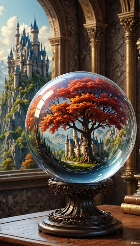 A  glass sphere sculpture, concealed inside the sphere is a Fantasy Castle, in the day, detailed image, 8k high quality detailed, shaped sphere, amazing wallpaper, digital painting highly detailed, 8k UHD detailed oil painting, beautiful art UHD, focus on full glass sphere, bokeh,  background Modifiers: extremely detailed Award winning photography, fantasy studio lighting, photorealistic very attractive beautiful imperial colours ultra detailed 3D, (Very Intricate), UHD, <lora:3D_Framed_Wall_Art_-_By_DICE:0.4>, (3D Framed, Mega detail)