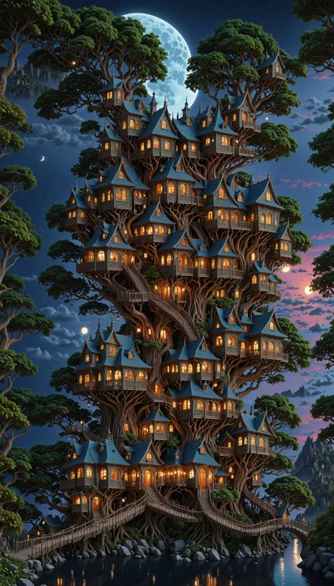 a wonderous and beautiful fantasy world with the Tree House Mansion Village, Multiple Bridges, Moon, in the night, insanely detailed and intricate, hyper maximalist, elegant, hyper realistic, super detailed, vivid colours, sunrise, ornate, dynamic, articulate, 8K, <lora:3D_Framed_Wall_Art_-_By_DICE:0.6>, (Framed 3D, 3d Tree), EPIC,  Painstaking Attention To Detail, UHD