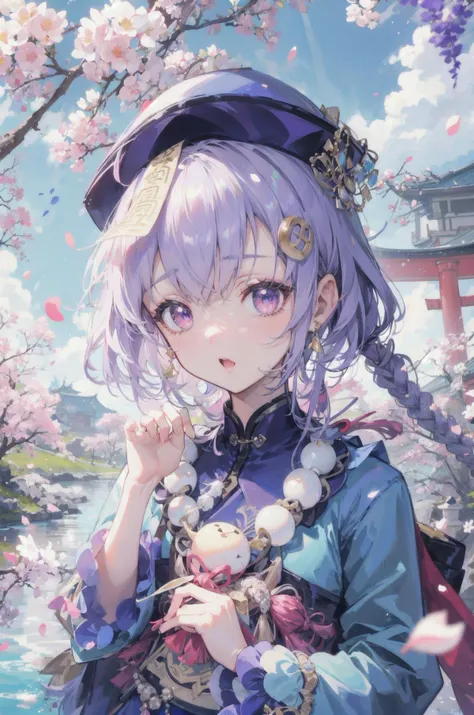(best quality),(Masterpiece),dynamic angle,(extreme detailed illustration),(extremely detailed CG unity 8k wallpaper),amazing,Depth of field,(highly detailed),((an extremely delicate and beautiful)),((1girl)),((extremely detailed eyes and face)),qiqidef,architecture, bangs, blue kimono, blue sky, bow, branch, bridge, cherry blossoms, cloud, dango, day, earrings, east asian architecture, falling petals, flower, hanami, hydrangea, in tree, jewelry, lily pad, long hair, long sleeves, looking at viewer, lotus, obi, outdoors, pagoda, path, petals, petals on liquid, pink flower, plum blossoms, pond, ripples, river, sanshoku dango, sky, solo, spring \(season\), standing, torii, tree, wagashi, water, wisteria