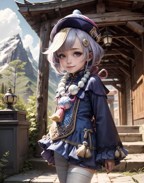 (masterpiece, top quality, best quality, official art, beautiful and aesthetic:1.3,photorealistic:1.4,), cute:1:4, <lora:more_details:0.5>,
<lora:qiqi1-000009:1>, qiqidef, upper body, smile, blush, outdoors, day, simple background, blue sky, short hair, sky, temple, looking at viewer, stairs, mountain, moody lighting,
<lora:squeezerExperimental_:0.5>