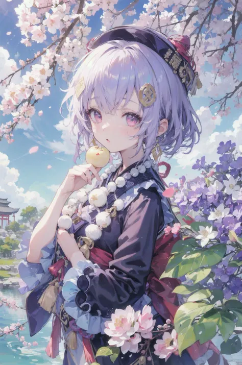 (best quality),(Masterpiece),dynamic angle,(extreme detailed illustration),(extremely detailed CG unity 8k wallpaper),amazing,Depth of field,(highly detailed),((an extremely delicate and beautiful)),((1girl)),((extremely detailed eyes and face)),qiqidef,architecture, bangs, blue kimono, blue sky, bow, branch, bridge, cherry blossoms, cloud, dango, day, earrings, east asian architecture, falling petals, flower, hanami, hydrangea, in tree, jewelry, lily pad, long hair, long sleeves, looking at viewer, lotus, obi, outdoors, pagoda, path, petals, petals on liquid, pink flower, plum blossoms, pond, ripples, river, sanshoku dango, sky, solo, spring \(season\), standing, torii, tree, wagashi, water, wisteria