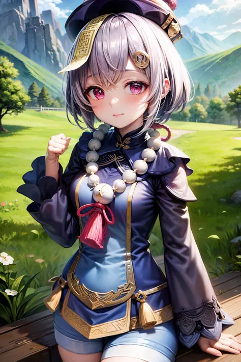 (masterpiece, top quality, best quality, official art, beautiful and aesthetic:1.3,photorealistic:1.4,),  cute:1:4,  <lora:more_details:0.5>,
<lora:qiqi1:0.9>, qiqidef, upper body, smile, blush, outdoors, day, simple background, blue sky, short hair, sky, temple, looking at viewer, stairs, mountain, moody lighting, mature, medium breasts, five fingers