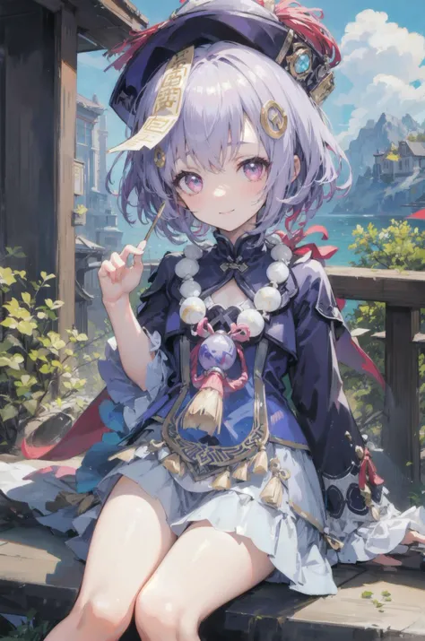 (best quality),(Masterpiece),dynamic angle,(extreme detailed illustration),(extremely detailed CG unity 8k wallpaper),amazing,Depth of field,(highly detailed),((an extremely delicate and beautiful)),((1girl)),((extremely detailed eyes and face)),qiqidef,full body, sitting, smile, blush, outdoors, day, simple background, blue sky, short hair, sky, temple, looking at viewer, sitting on stairs, mountain, moody lighting,