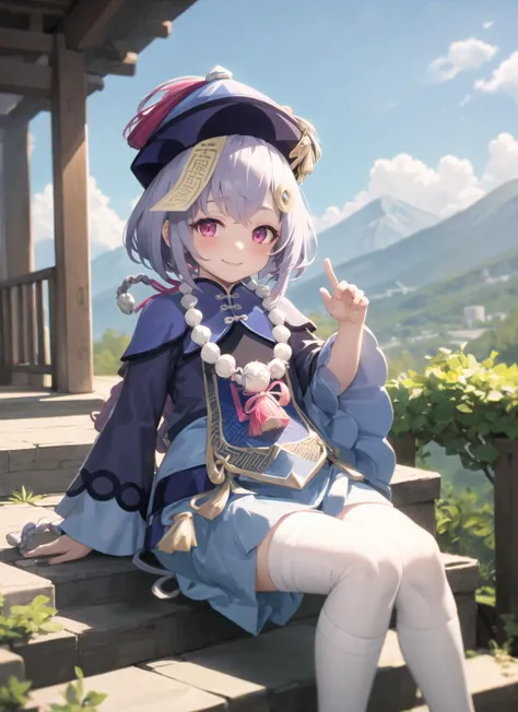 <lora:qiqi1-000009:1>, qiqidef, full body, sitting, smile, blush, outdoors, day, simple background, blue sky, short hair, sky, temple, looking at viewer, sitting on stairs, mountain, moody lighting,