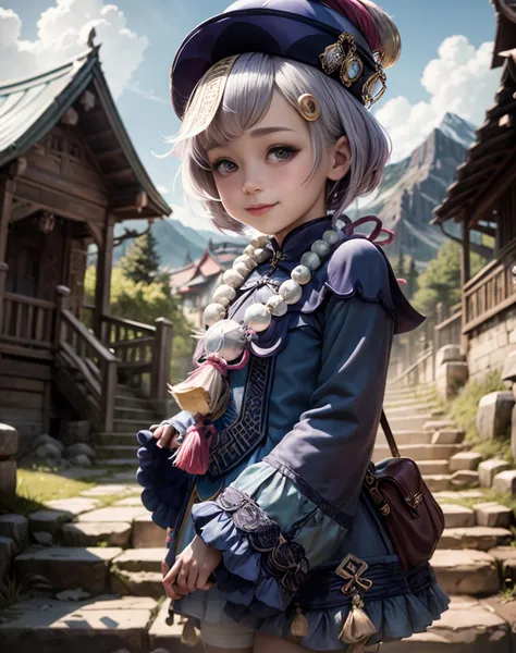 (masterpiece, top quality, best quality, official art, beautiful and aesthetic:1.3,photorealistic:1.4,), cute:1:4, <lora:more_details:0.5>,
<lora:qiqi1-000009:1>, qiqidef, upper body, smile, blush, outdoors, day, simple background, blue sky, short hair, sky, temple, looking at viewer, stairs, mountain, moody lighting,
<lora:squeezerExperimental_:0.5>