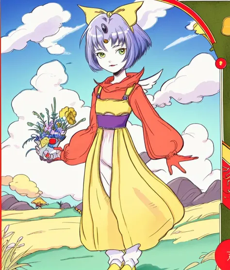 1girl, Eiko Carol, standing, grass, grass field, blue sky, yellow bow, hair bow, facing viewer, amano yoshitaka, (traditional media:0.7), 
<lora:EikoCarolFinalFantasy2:1.0> <lora:yoshitaka_amano_lora:1.25>