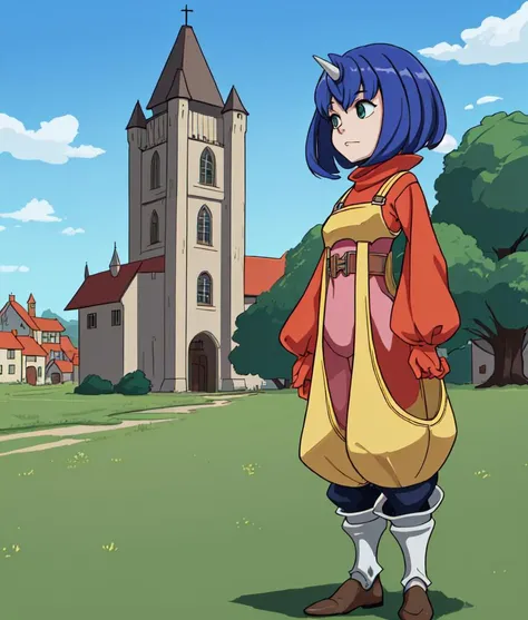 1girl, Eiko Carol, standing, grass, blue sky, mediaeval town, 
 <lora:EikoCarolFinalFantasy2:1.0>