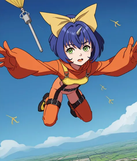 1girl, solo, Eiko Carol, blue sky, yellow bow, hair bow, facing viewer, skydiving, wind, wind in hair, falling, (from below:1.2), spread arms, falling toward viewer, midair, foreshortening,
<lora:EikoCarolFinalFantasy2:1.0>