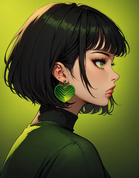 neondskdrmsxl, score_9_up, score_8_up, score_7_up, score_6_up, 1girl, solo, short hair, earrings, green eyes, jewelry, eyelashes, portrait, green theme, green background, bangs, lips, profile, black hair, gradient, makeup, close-up, bob cut, gradient background, side lighting, neon lighting, specular highlights, <lora:NeonDreamsPonyXL:1>