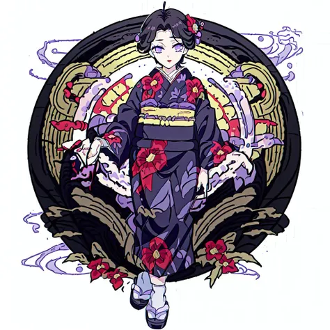 <lora:Tamayo-10:1>Tamayo, 1girl, solo, short hair, black hair, hair ornament, long sleeves, purple eyes, japanese clothes, wide sleeves, kimono, sash, makeup, obi, floral print, sandals, lipstick, red flower, tabi, red lips, print kimono, purple kimono, zouri