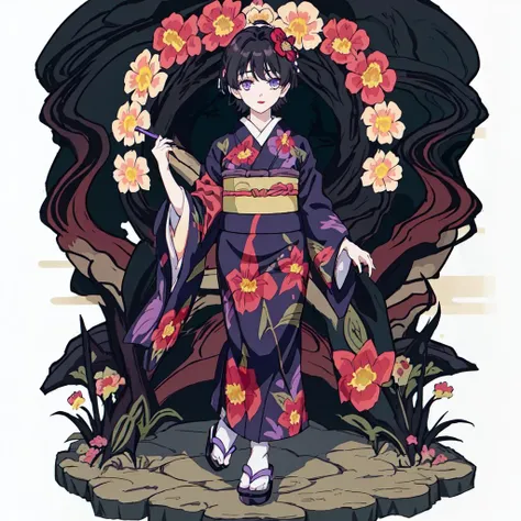 <lora:Tamayo-10:0.7>outdoor,forest,high quality,Masterpeace,Tamayo, 1girl, solo, short hair, black hair, hair ornament, long sleeves, purple eyes, japanese clothes, wide sleeves, kimono, sash, makeup, obi, floral print, sandals, lipstick, red flower, tabi, red lips, print kimono, purple kimono, zouri