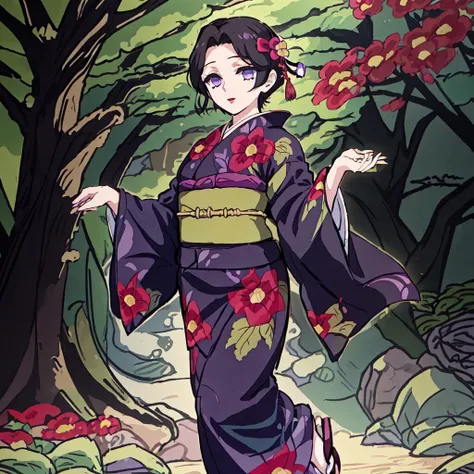 <lora:Tamayo-10:1>outdoor,forest,high quality,Masterpeace,Tamayo, 1girl, solo, short hair, black hair, hair ornament, long sleeves, purple eyes, japanese clothes, wide sleeves, kimono, sash, makeup, obi, floral print, sandals, lipstick, red flower, tabi, red lips, print kimono, purple kimono, zouri