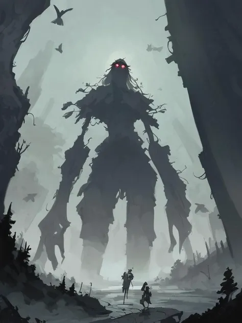 score_9, score_8_up, 8, score_7_up, Gigant, gigant character, aerial perspective ,  Giant girl , glowing eyes,  looking at viewer, (thic )
, [[muted colors]],  fog, mist,  fantasy forest,  cliff edge, small silhouette below, birds, <lora:Gigant__Fantasy__DND:0.9> ,