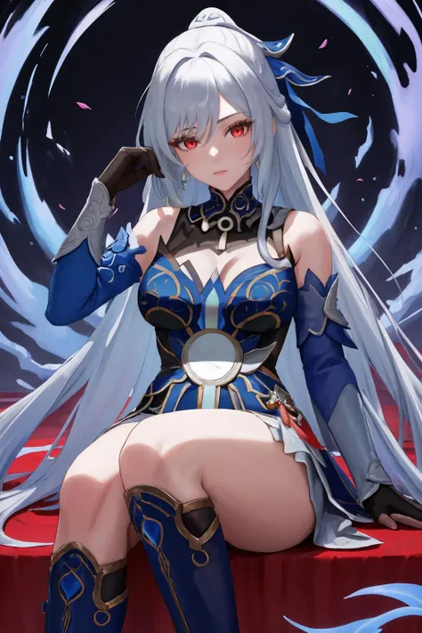 masterpiece, best quality, 1girl, solo, sitting, <lora:jingliu-hsr-richy-v1:1> jingliu, hair ornament, red eyes, dress, cleavage, detached sleeves, black gloves, knee boots, legs up,