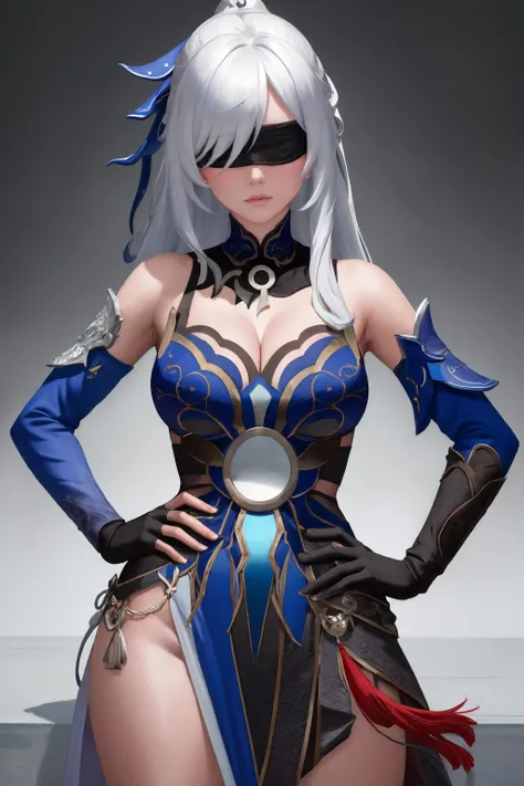 masterpiece, best quality, 1girl, solo, standing, <lora:jingliu-hsr-richy-v1:1> jingliu, hair ornament, blindfold, dress, cleavage, detached sleeves, black gloves, hands on hips