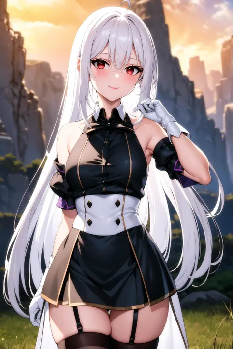 ninym <lora:ninym_ralei:0.9>, 1girl, solo, (small :1.2), (mature :1.4), thighs, white hair,((gradient hair)),red eyes, gradient eyes, (glowing eyes:1.1), mascara, (fashion make up), black thighhighs, thigh straps, white shirt, black bowtie, white gloves, ahoge, purple sleeves, ((smile)), (outdoors:1.2), river, grass, field, tree, masterpiece, best quality, ultra-detailed, glistening shiny, glowing light, ray tracing, HDR, depth of field, (perfect face, detailed face, detailed eyes), ,8k,HD,ultra realistic face,ray tracing,perfect lighting, ultra-detailed, shiny eyes, (looking at viewer), cowboy shot, (complex background, many elements in the background:1.2),((super detailed background)), dynamic pose, ((8k wallpaper)),
